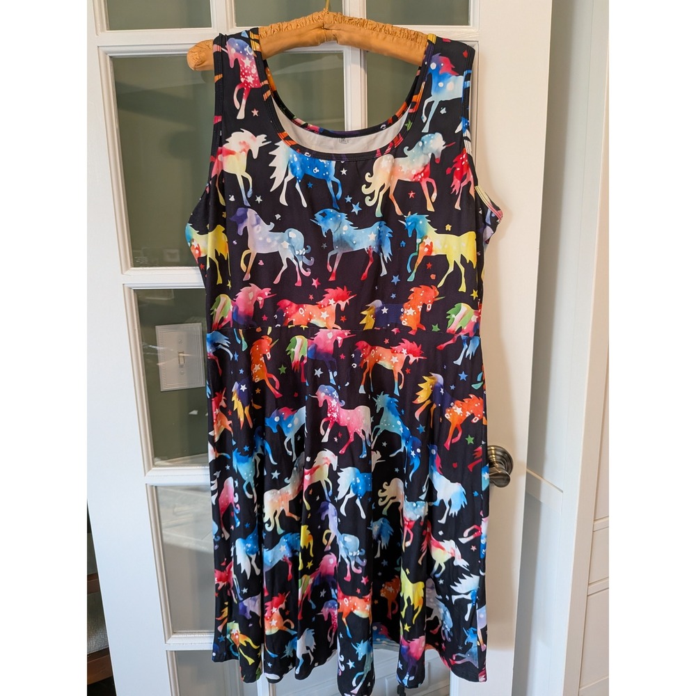 Rainbow Unicorn Star Print Sleeveless Skater Dress Black Plus Size 3XL